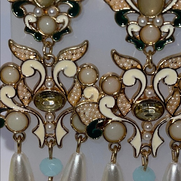 Gold and Cream Chandelier Fairy core giant floral pierced Earrings - Picture 3 of 10